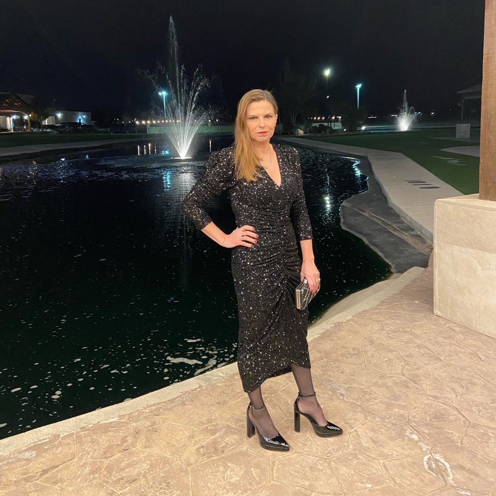 Express, Small, black, sequin. Mid, elastic wast, draped front and sleeves